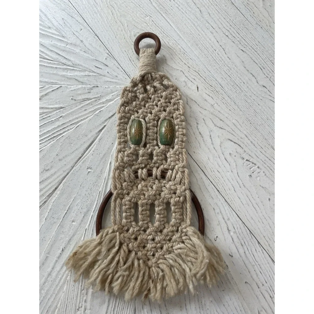Vintage Retro MCM Beige Macrame Wall Hanging Hand Towel Ring Holder Wooden Beads